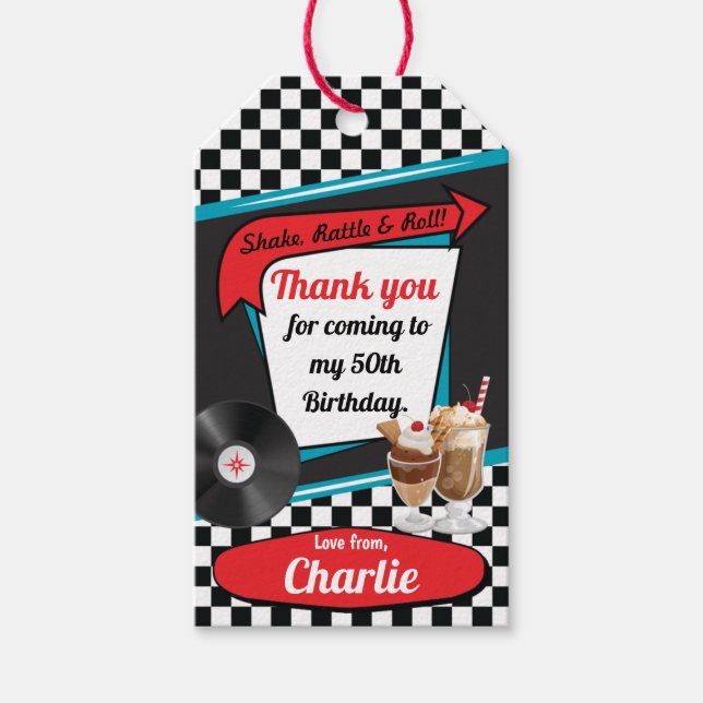 1950:s Retro Middag-Födelsedagsfest Red Teal Favor Presentetikett (Framsidan)