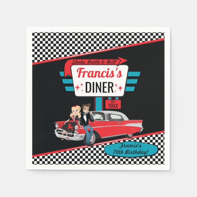 1950:s Retro Middag Teal, Red Birthday Pappersservett (Framsidan)