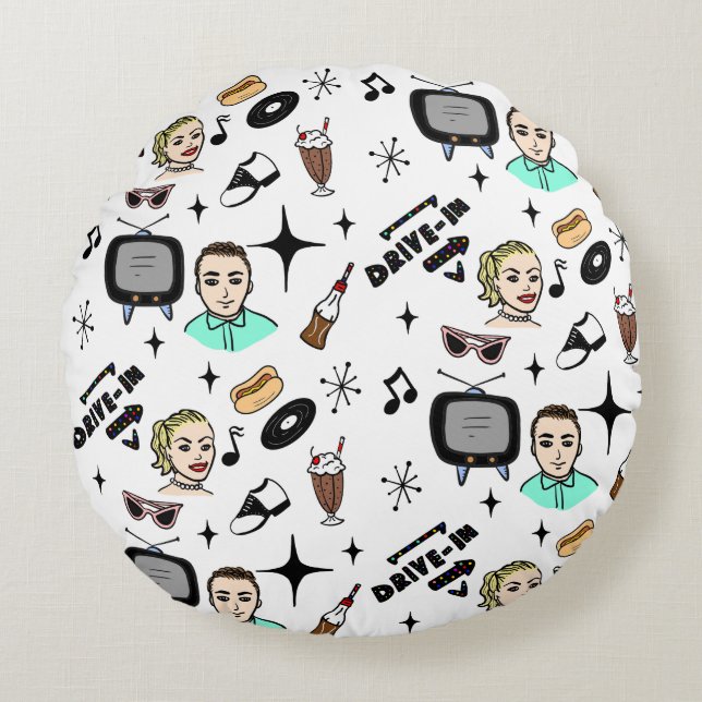 1950:s Retro Nostalgic-grafik Rund Kudde (Framsidan)