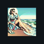 1950:s Retro Woman Sitta vid stranden Canvastryck<br><div class="desc">Mitt i århundradets kvinna sitta vid stranden med skorna borta från havet. Ai-konst med nostalgiskt retro 1950's vibes.</div>