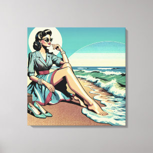 1950:s Retro Woman Sitta vid stranden Canvastryck