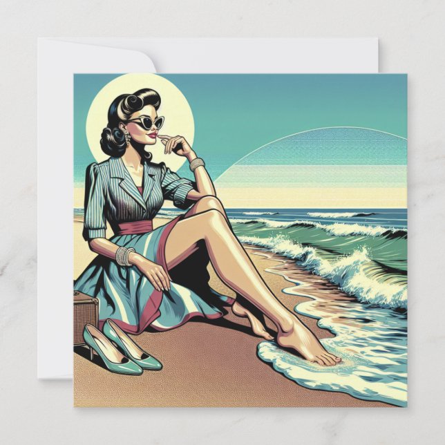 1950:s Retro Woman Sitta vid stranden Kort (Framsida)