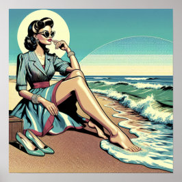 1950:s Retro Woman Sitta vid stranden Poster
