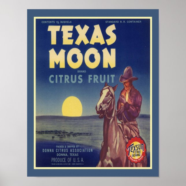 1950:s Texas Måne Cowboyfrukt-etikett Poster (Framsidan)