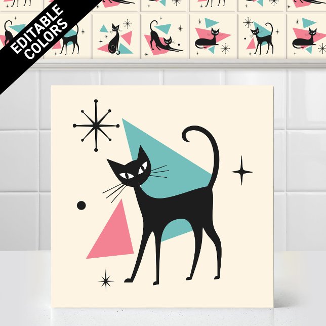 1950-tal Atom Retro Gående Katt Redigerbara Färger Kakelplatta (Customize the colors of thjs funny 1950s Atomic Retro Walking Cat Ceramic Tile Editable Mural)