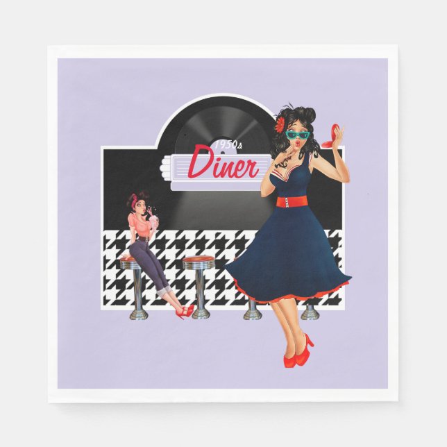 1950-tal Diner lila svart & vit rutig 1950-tal Pappersservett (Framsidan)