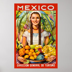 1950-tal Mexiko Spansk Flicka med Frukt Vintage Poster