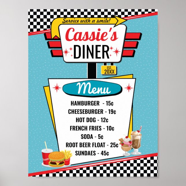 1950-tal Retro Diner Meny Teal, Röd, Gul Poster (Framsidan)