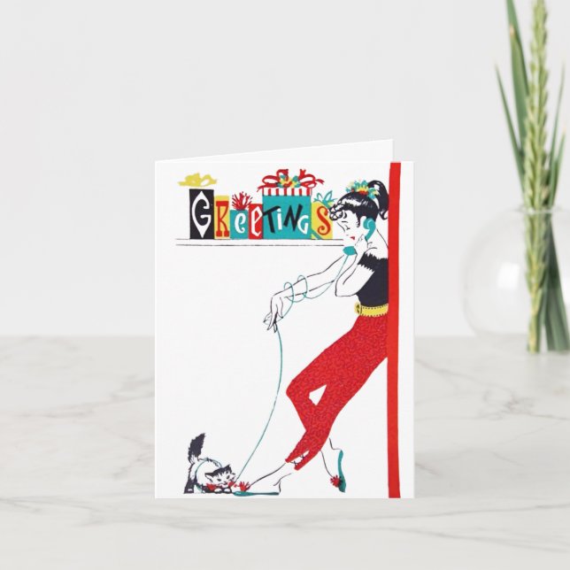 1950-tal Tonåring på telefon med Kitty Helgkort (Framsida)