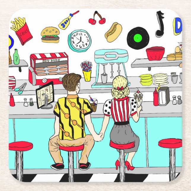 1950-talet: Kupelinnehav Händer på Middag Underlägg Papper Kvadrat (Framsidan)