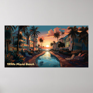 1950-talet: Miami Beach art deco-hotell vid solupp Poster