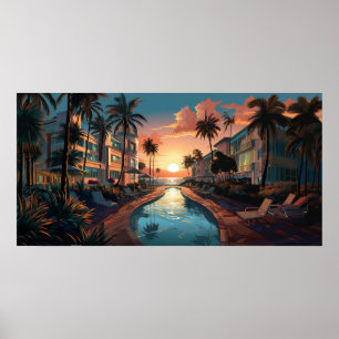 1950-talet: Miami Beach art deco-hotell vid solupp Poster