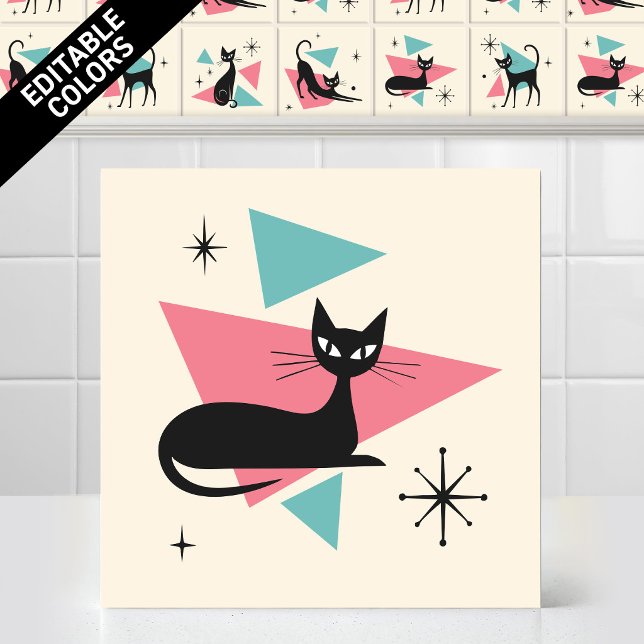 1950-talets Atomiska Retro Sovande Katt Redigerbar Kakelplatta (Customize the colors of thjs funny 1950s Atomic Retro Sleeping Cat Ceramic Tile Editable Mural)