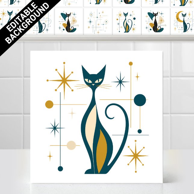 1950-talets Atomstjärnor Mid Century Modern Retro  Kakelplatta (1950s Atomic Stars Mid Century Modern Retro Sitting Cats Ceramic Tile Mural)