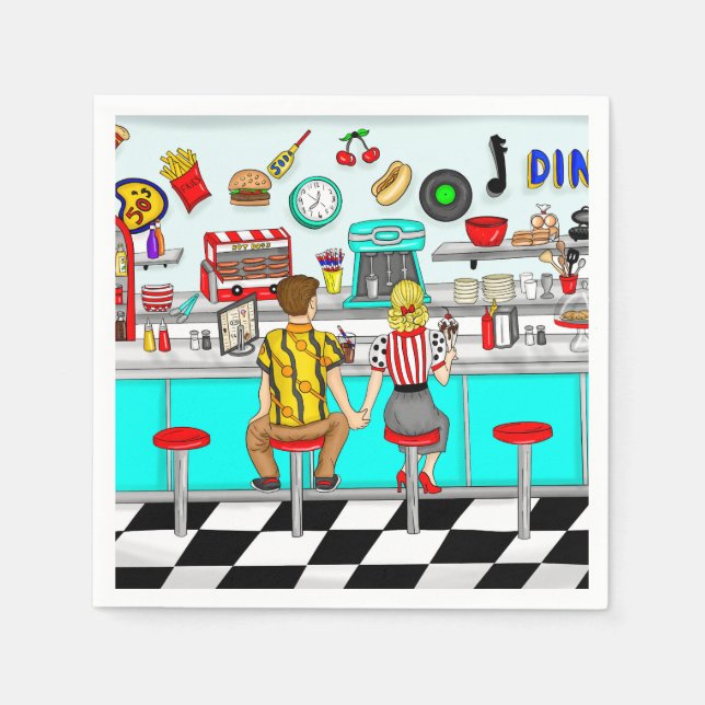 1950-talets Diner | Kärleksparet som håller varand Pappersservett (Framsidan)