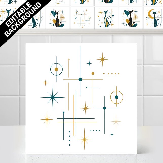 1950-talets Mid Century Modern Retro Atomstjärnmön Kakelplatta (1950s Atomic Stars Mid Century Modern Retro Sitting Cats Ceramic Tile Mural)