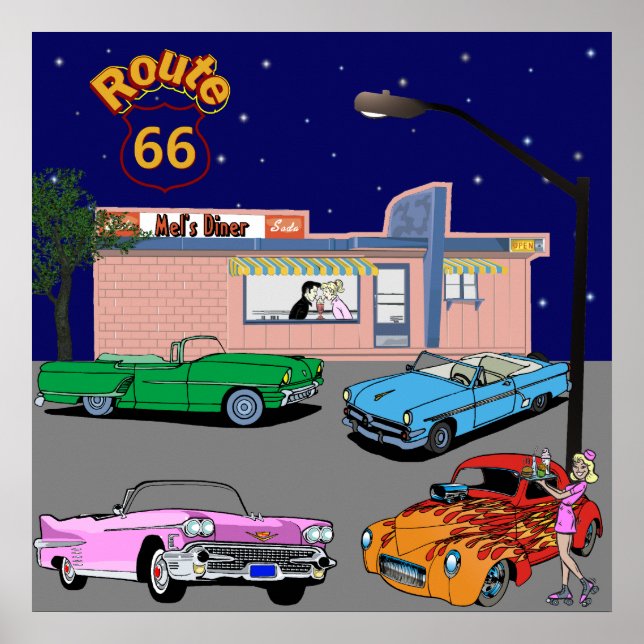 1950-talets Middag Route 66 och Vintage bilar Poster (Framsidan)