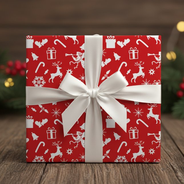 1950-talets Novelty, röd och vit, klassisk jul Presentpapper (1950s Novelty Red And White Classic Christmas Wrapping Paper)