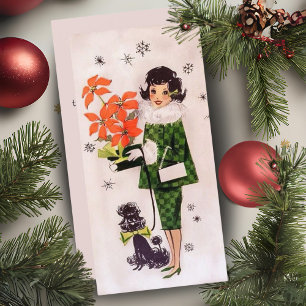1950-talets Poinsettia och Pudel Dam Anpassningsba Julkort