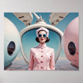 1950-talets Retro Futurism värdinna-kvinna i rosa Poster