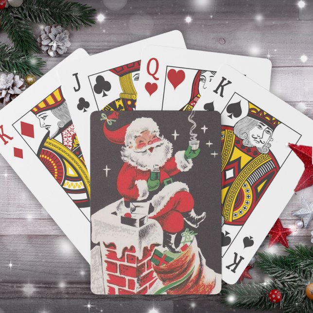 1950-talets Retro Santa på rooftop Vintage jul Casinokort (1950s Retro Santa on Rooftop Vintage Christmas Poker Cards)