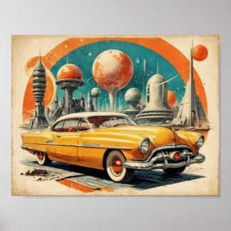 1950-talets retrofuturistiska bilbränsle-station poster