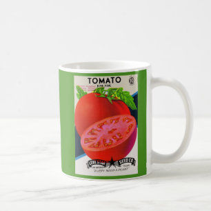 1950-talets tomatutskrift av utsädespaket kaffemugg