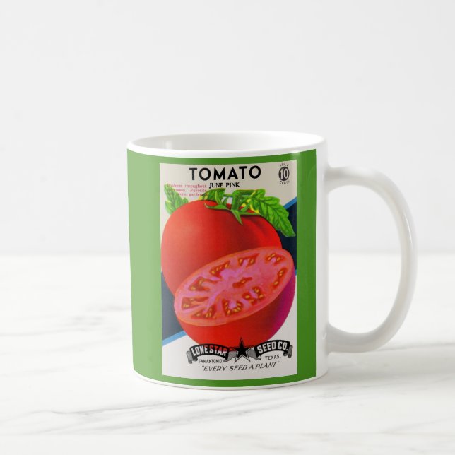 1950-talets tomatutskrift av utsädespaket kaffemugg (Höger)