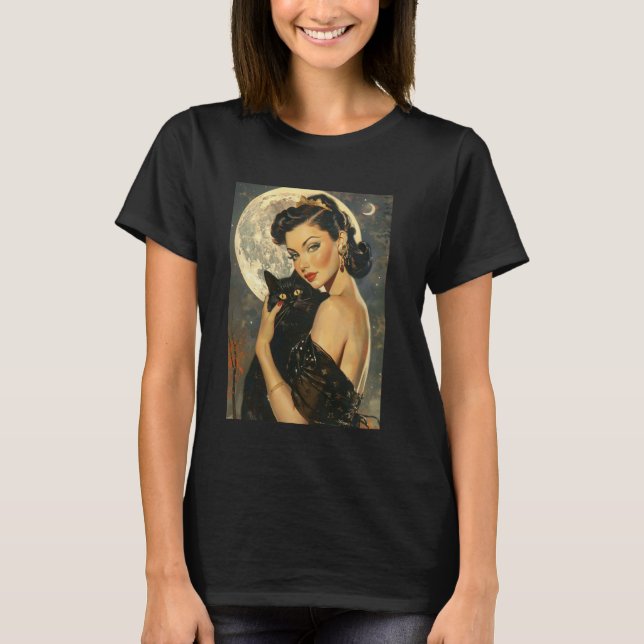 1950-talets Vintage Häxa och Katt T Shirt (Framsida)