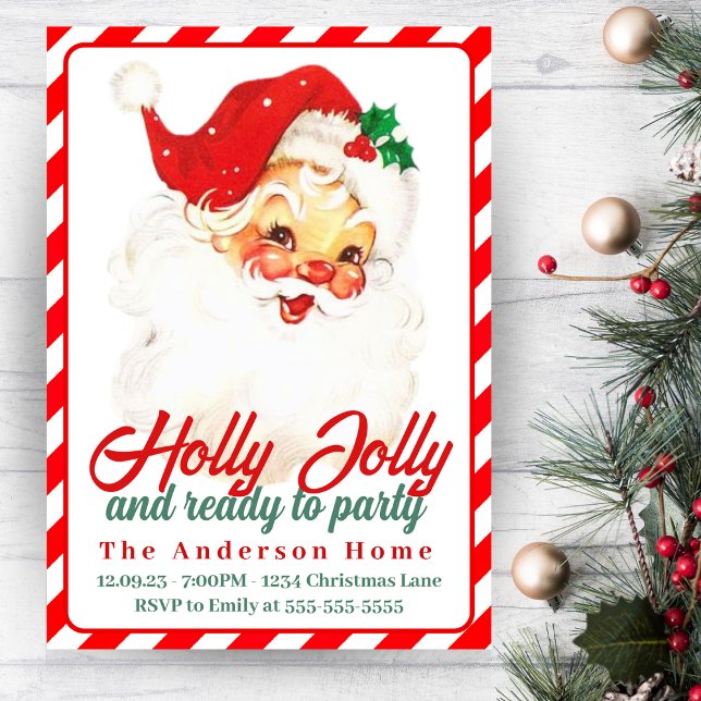 1950-talets Vintage Holly Jolly julafton Anpassnin Inbjudningar (1950s Vintage Holly Jolly Santa Custom Christmas Invitation)