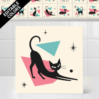1950-tals Atom Retro Sträckande Katt Redigerbara F Kakelplatta