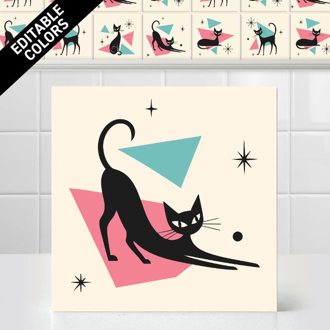 1950-tals Atom Retro Sträckande Katt Redigerbara F Kakelplatta (Customize the colors of thjs funny 1950s Atomic Retro Stretching Cat Ceramic Tile Editable Mural)