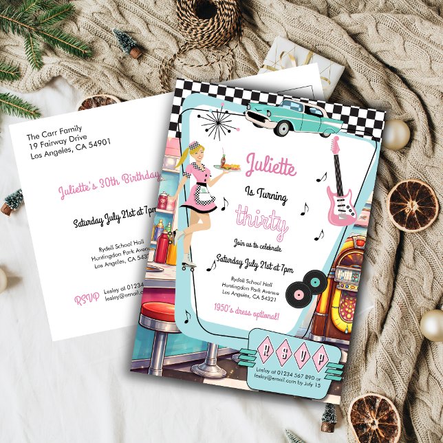 1950-tals Retro Diner Tema Party Inbjudan (1950s Retro Diner Themed Birthday Party invitation post card)