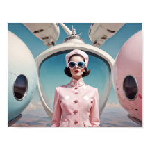 1950-tals Retro Futurism värdinna kvinna i rosa