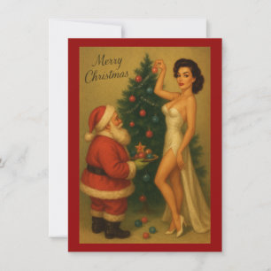 1950-tals Vintage Julflicka Dekorerar Med Tomte Julkort