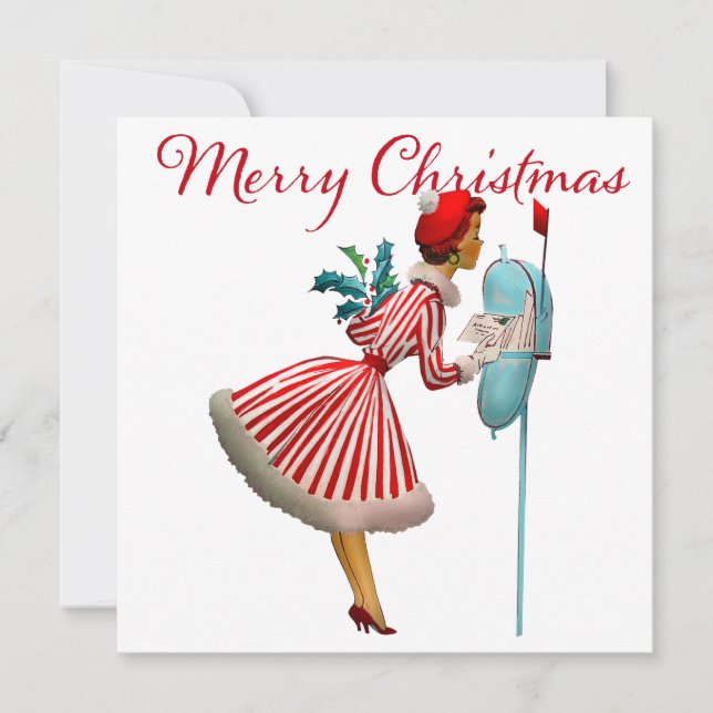 1950 Vintage Dam som kontrollerar julbrev Kort (Framsida)