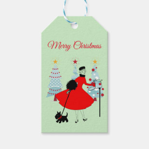 1950 Vintage God Jul Dam med Scottish Terrior Presentetikett