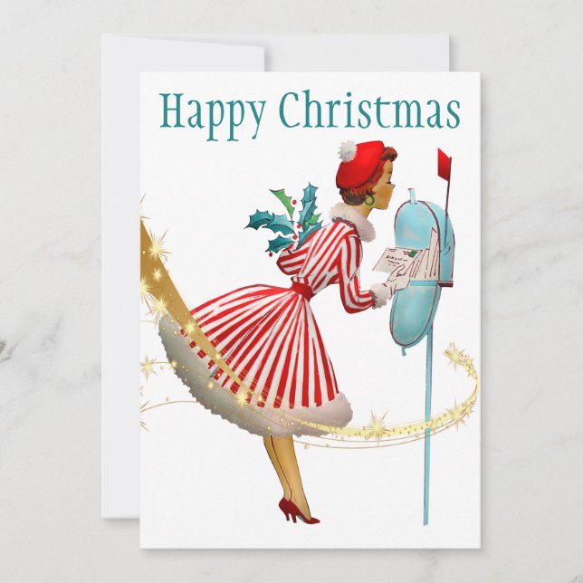 1950 Vintage Julkvinna med gåvor Julkort (Framsida)