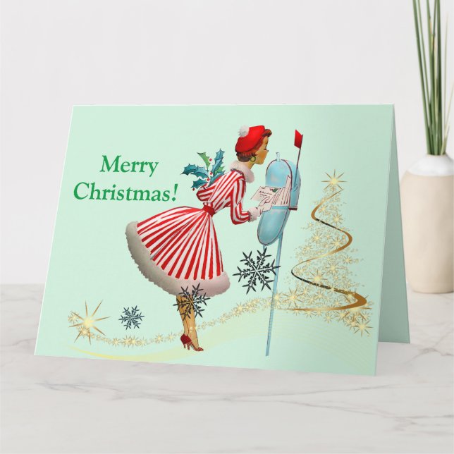 1950 Vintage Julkvinna med gåvor Kort (Framsida)