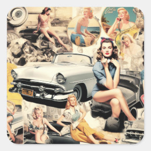 1950S Retro Girls Collage Fyrkantigt Klistermärke