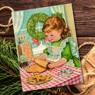 1950's Vintage jul Girl Baking Cookies Helg Vykort