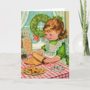 1950's Vintage jul Girl Baking Cookies Helgkort