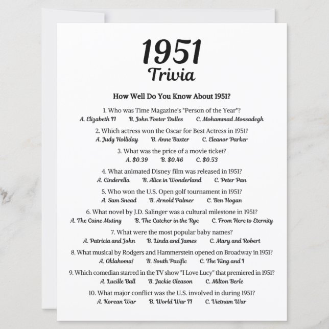 1951 Trivia Spel | 74-års födelsedagsfest spel (Framsida)