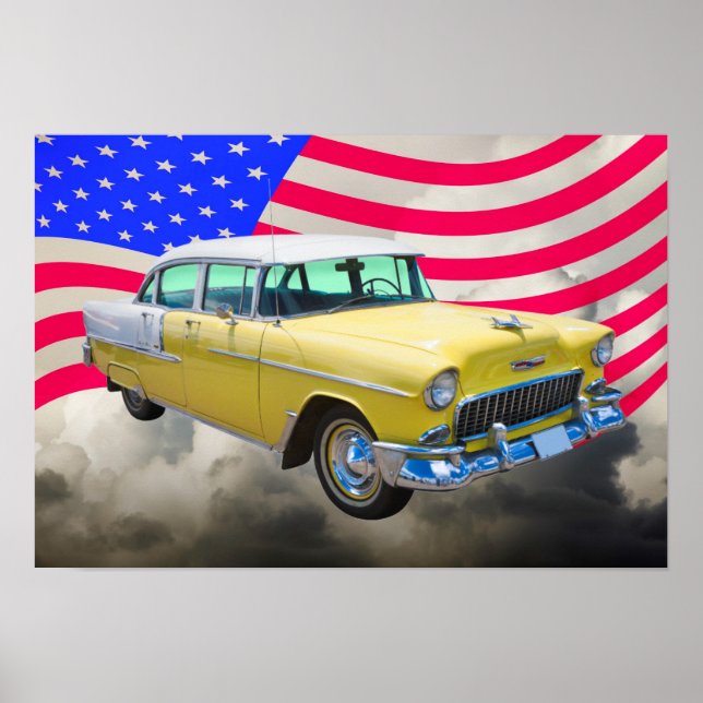 1955 Chevrolet Bel Luft med amerikansk Flagga Poster (Framsidan)