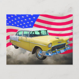 1955 Chevrolet Bel Luft med amerikansk Flagga Vykort