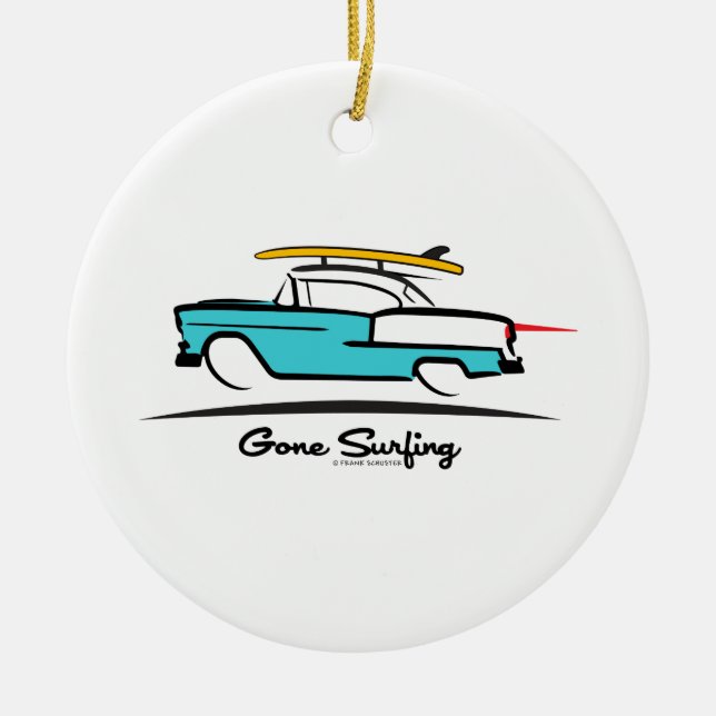 1955 Chevy Hardtop Coupe Borta Surfing Julgransprydnad Keramik (Framsidan)