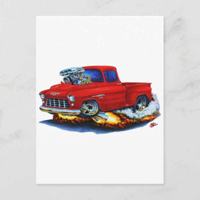 1955 Chevy Stepside Pickup Red Lastbil Vykort (Framsida)