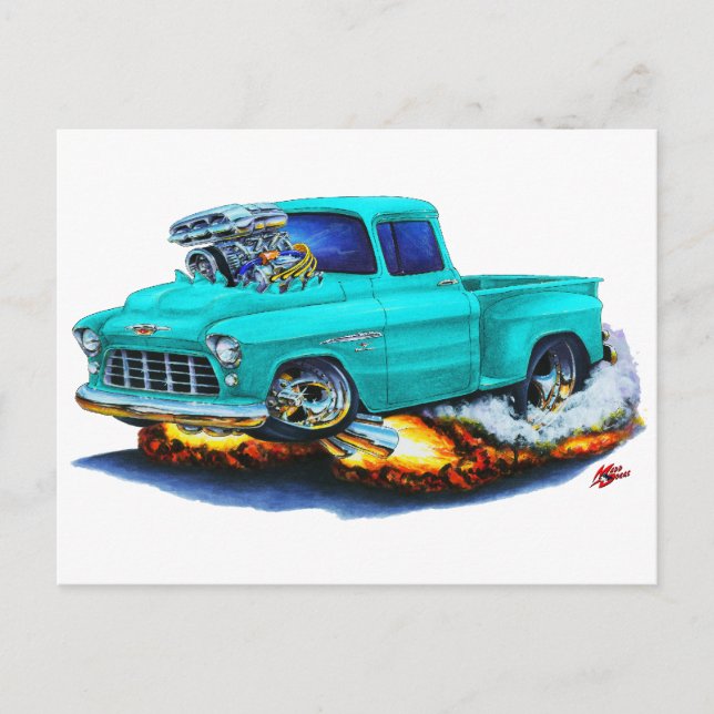 1955 Chevy Stepside Pickup Turquise Lastbil Vykort (Framsida)