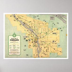 1955 Portland Oregon Trolley Streetcar Karta Poster
