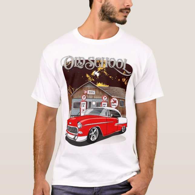 1955 Red & White Chevrolet Bel Luft Old school T Shirt (Framsida)